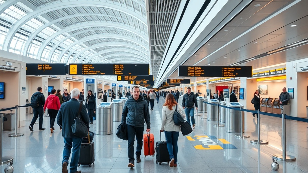 국제공항의 출입국 터미널 내부 구조를 보여주는 전경